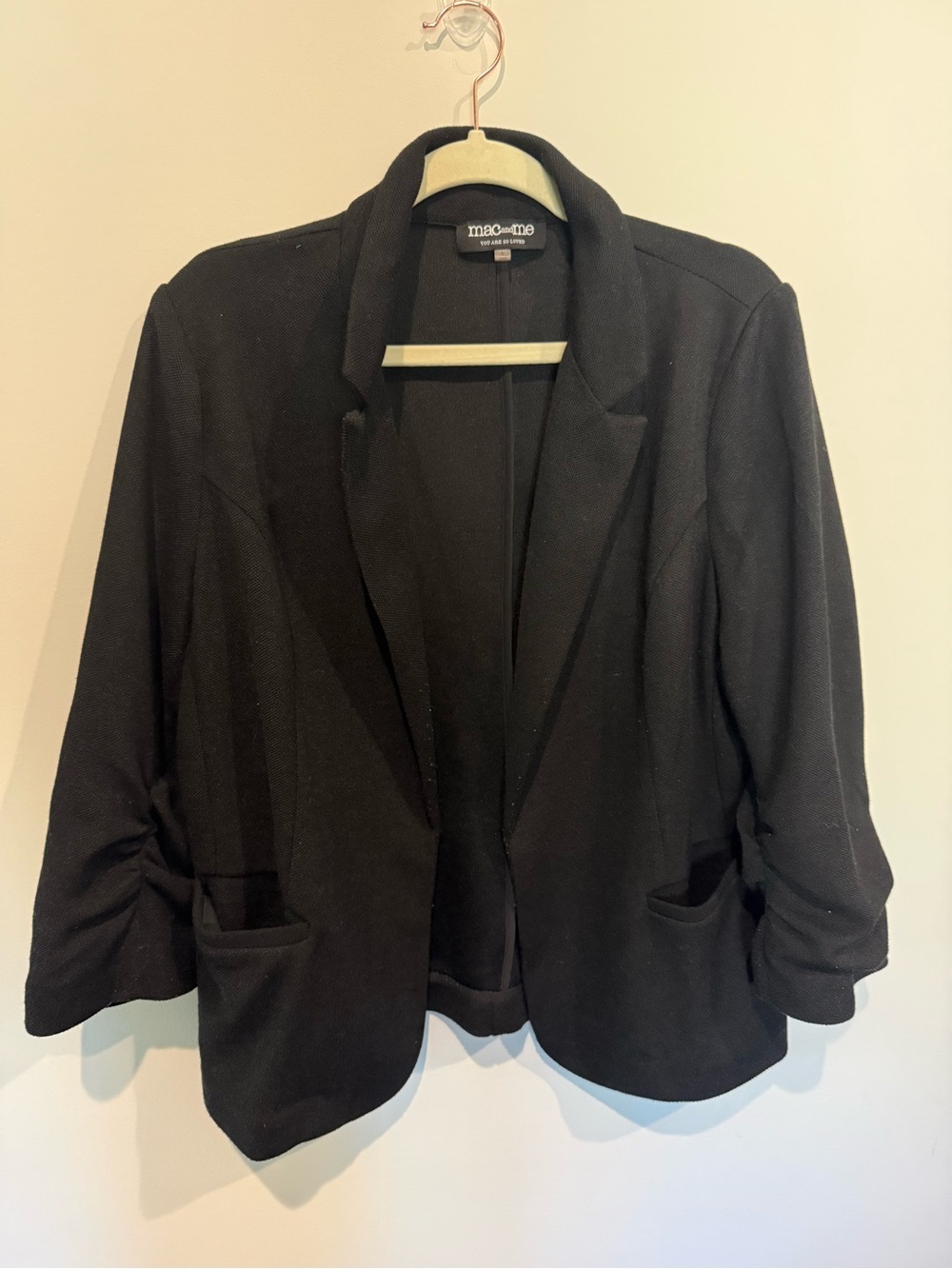 Mac & Me (Democracy) Black Women's Open-Front Blazer Jacket with ruched sleeves.